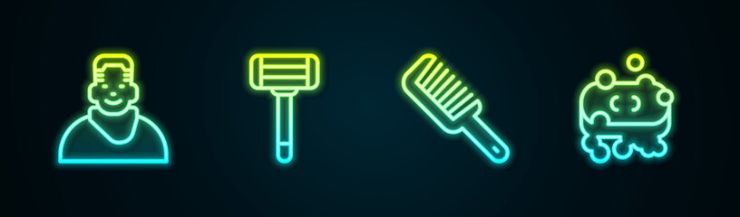Set line Client in barbershop, Shaving razor, Hairbrush and Bar of soap with foam. Glowing neon icon. Vector