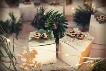 Homemade advent calendar made of cardboard for a environmentally conscious christmas. Close-up with...