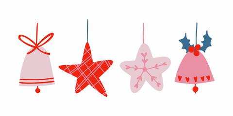 Christmas decorations, bells, stars with different prints. Christmas toys on strings. vector illustration isolated on white.