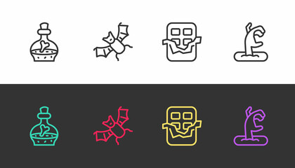 Set line Bottle with potion, Flying bat, Chocolate bar and Zombie hand on black and white. Vector
