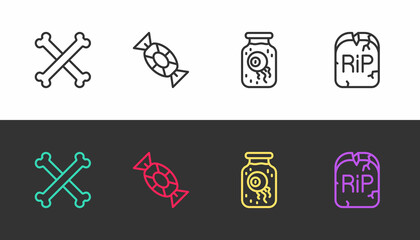 Set line Crossed bones, Candy, Eye in jar and Tombstone with RIP written on black and white. Vector