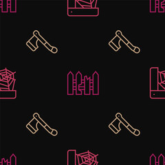Set line Spider web, Wooden axe and Garden fence wooden on seamless pattern. Vector