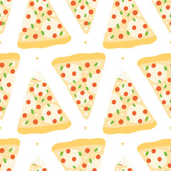 Big pizza slices with mozzarella cheese, sausages, pepperoni vector cartoon style seamless pattern background for fast food design.