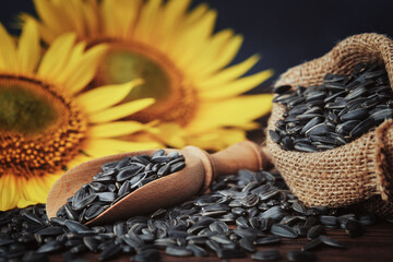 Wooden scoop of sunflower seeds, canvas bag filled with black sunflower seeds and beautiful yellow...