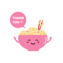 Cute smiling cartoon style bowl of noodles, asian soup character with speech bubble saying thank you, showing appreciation, gratitude.
