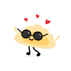 Fototapeta premium Cute happy cartoon style pierogi, filled dumpling character in sunglasses with red hearts. Love, like concept. 