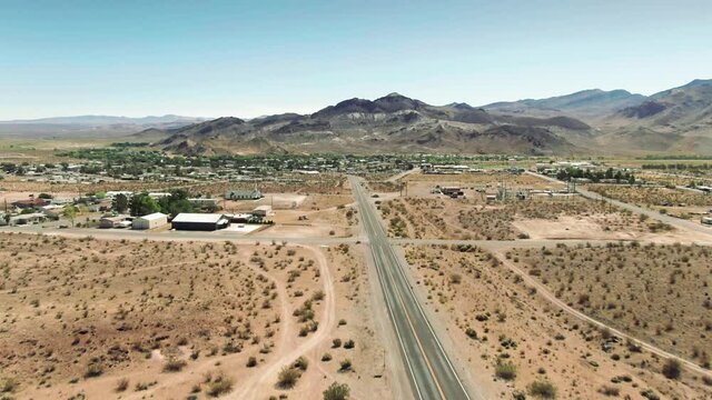 Aerial: The town of Beatty, the gateway to Death Valley.  Nevada, USA