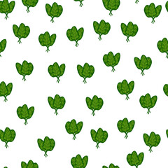 Seamless pattern bunch spinach salad on white background. Simple ornament with lettuce.