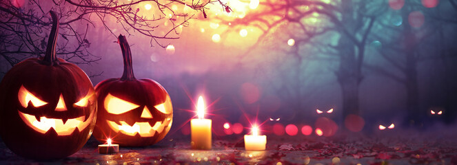 Jack O'Lanterns In Spooky Forest With Mist And Candles. Halloween Concept