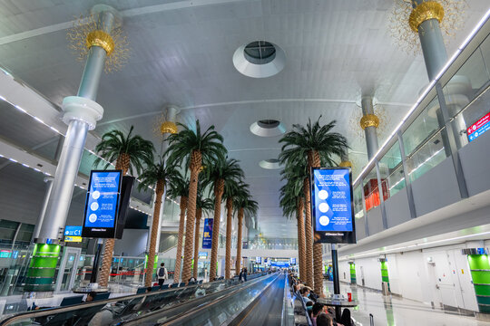Dubai, UAE - September 2021: Dubai International Airport architecture and interior in Dubai, United Arab Emirates. Dubai Airport is one of the world's busiest airport.