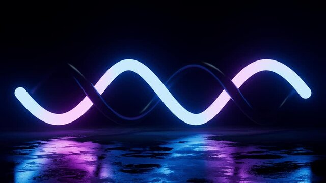 3d render of fluorescent geometry above  a roughness surface with puddle effect. Abstract vibrant dark background. Rotation helix geometry. Infinite animation.