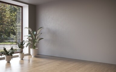 Fototapeta premium Empty room white walls with beautiful plants sideways on the floor. 3d rendering 