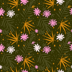 floral hand drawing pattern. seamless print with leaves and flowers. Botanical print.