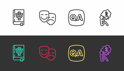 Set line Psychology book, Psi, Comedy and tragedy masks, Question Answer and Man graves funeral sorrow on black and white. Vector