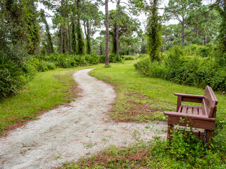 Bench on walking trail in Lemon Bay Park and Environmental Center in Englewood on the Gulf Coast of Florida USA