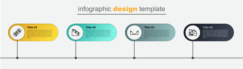 Set line Cinema camera, Skate park, Skateboard stairs with rail and Broken skateboard. Business infographic template. Vector