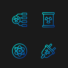Set line Radiation electrical plug, Atom, Radioactive and waste in barrel. Gradient color icons. Vector