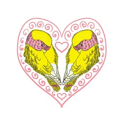 Raster illustration with a romantic heart in the halves of which there are cute yellow pink-cheeked lovebirds.  Print for greeting cards, t-shirts, kids wear, romantic designs.