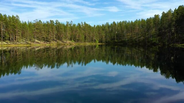 Aerial View of the Lake and Forest in Finland. Beautiful nature of Finland.