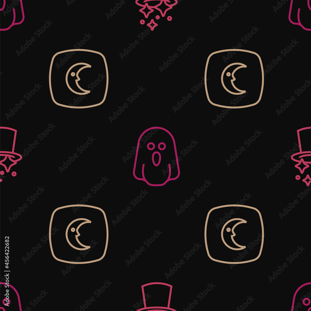 Poster set line magic hat, moon and stars and ghost on seamless pattern. vector