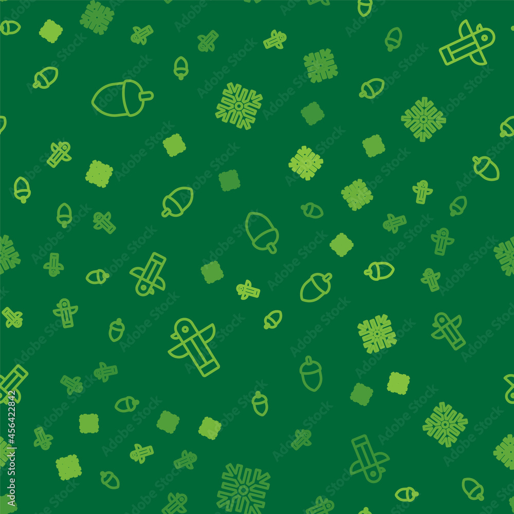 Poster set line acorn, canadian totem pole and snowflake on seamless pattern. vector