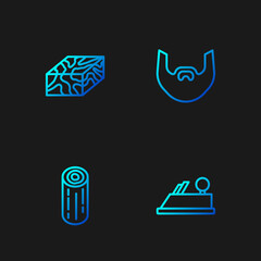 Set line Wood plane tool, Wooden logs, beam and Mustache and beard. Gradient color icons. Vector