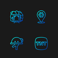 Set line Dynamite, Miner helmet, entrance and Gem stone. Gradient color icons. Vector