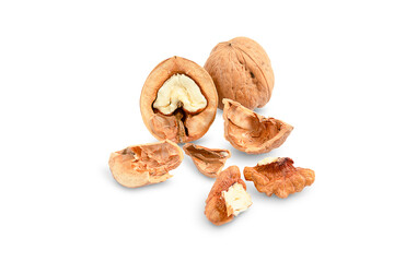 Broken walnut on white background, ripe walnut isolate