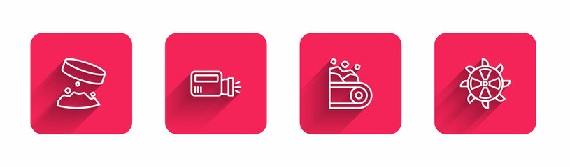 Set line Giant magnet holding iron dust, Flashlight, Conveyor belt carrying coal and Bucket wheel excavator with long shadow. Red square button. Vector