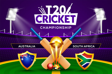 T20 Cricket Championship concept Australia vs South Africa match header or banner with cricket ball, bat and winning trophy on stadium background.