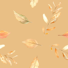 Watercolor autumn seamless pattern with hand painted cozy symbols of fall season.