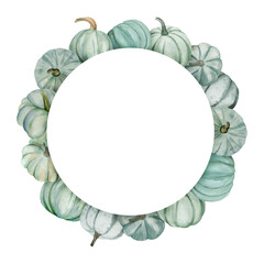 Watercolor frame with autumn pumpkins. Floral arrangement with color pumpkins