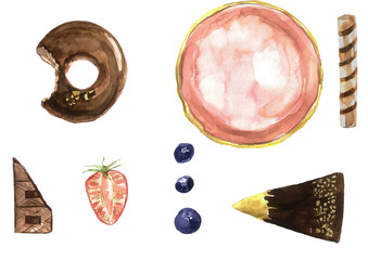 Watercolor set of cakes. Watercolor food set. Chocolate, donut, berries, strawberries, cake