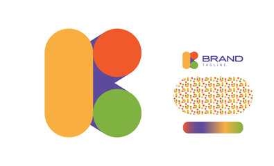 Bold Rounded Multicolored Font Logo Using Letter K for Nursery, Preschool, Playful fun Lettering, Business Brand with pattern and gradient using colours red, yellow, blue, green