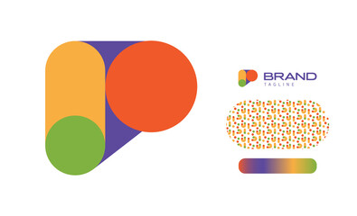 Bold Rounded Multicolored Font Logo Using Letter P for Nursery, Preschool, Playful fun Lettering, Business Brand with pattern and gradient using colours red, yellow, blue, green