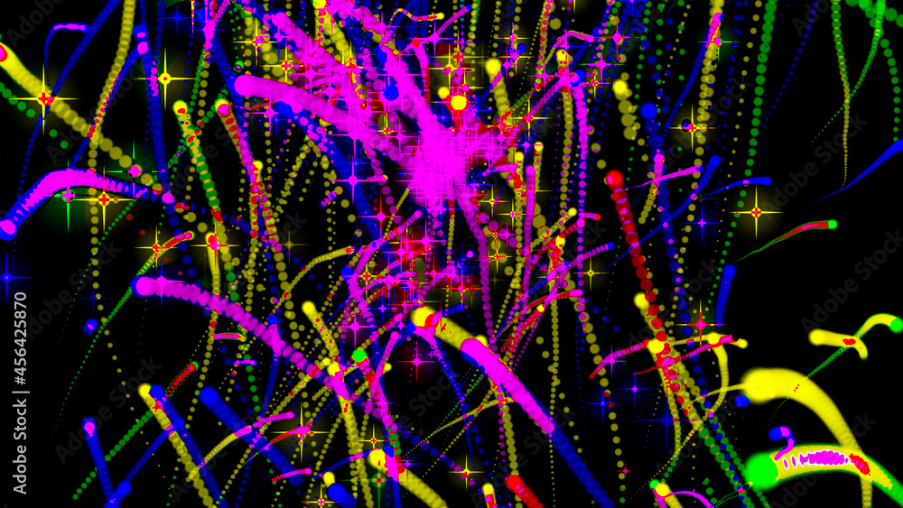 Poster abstract fireworks from particles of various shapes and colors leaving a trail in space. close-up. t
