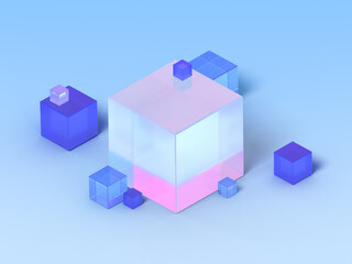 3D rendered box shapes in semi-transparent material on a blue background. Illustration of abstract cubes, geometry, or minimalism. Visualization of illusion and backgrounds.