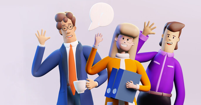 3D rendering illustration. Happy, positive Business people waving in order to say Hello, ready to make business together, to help, to sort out problems and support in new start up. 