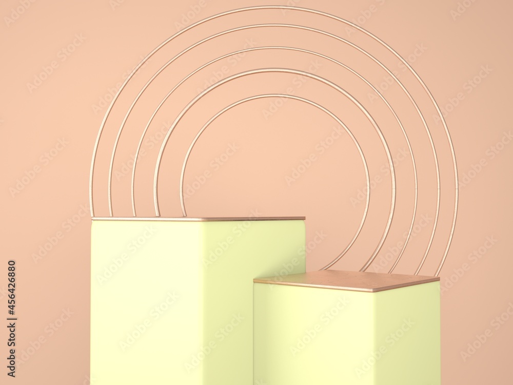 Poster 3d rendering studio with geometric shapes, podium on the floor. platforms for product presentation, 