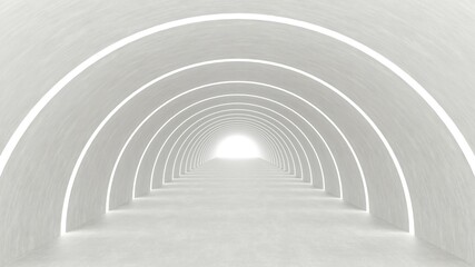 Illuminated corridor interior design concrete tunnel with destination bright light 3D rendering illustration