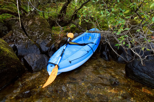 Blue kayak in Loch Lomond on open water