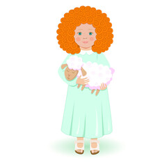A sweet girl with a fluffy sheep. Vector illustration. Red orange hair.