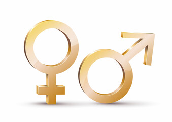 Gender symbols set. Gold sign for male and female. Vectoral isolated illustration, 3d. Man and woman. Sex.Realistic vector