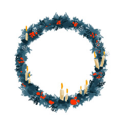 Watercolor Christmas wreath with bright red berries and candles. New Year illustration in sketch technique.