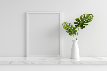 Monstera plant in vase with frame mockup, 3D rendering