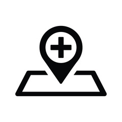 Clinic, location, navigation icon. Black vector graphics.