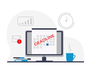 Date and time banner. Computer with calendar, clock, cup, folders, diagram, message. Flat vector illustration