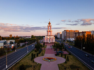 Fototapeta premium Temple Martyr St. George at the memorial complex in Kursk, aerial view
