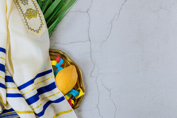 Jewish holiday of symbols of the festival Sukkot with palm leaves