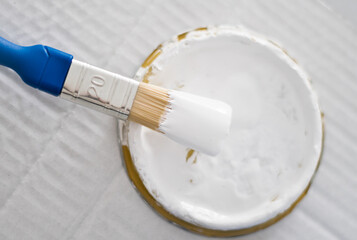 Fototapeta na wymiar brush in white paint, home repair tools
